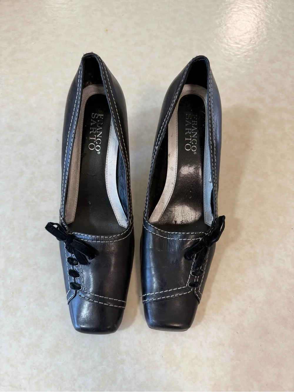 Franco Sarto Black Leather Square-Toe Pump with Bow